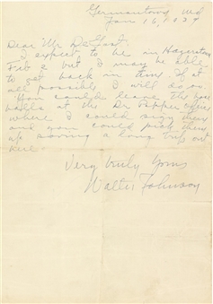 1939 Walter Johnson Handwritten & Signed Letter (JSA)
